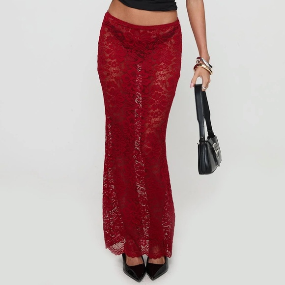 Princess Polly Dresses & Skirts - Princess Polly Lombardio Mesh Lace Maxi Skirt Burgundy